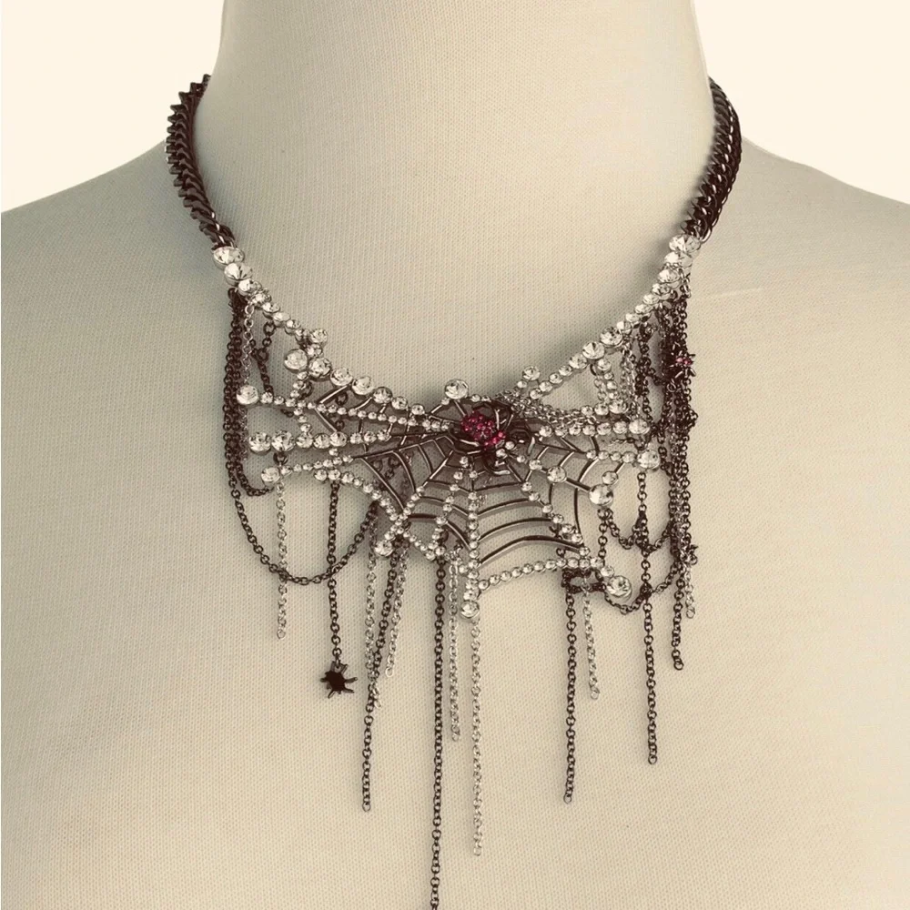 Authentic Betsey Johnson Statement Necklace - Crystal Spider Web, Gothic NWT
